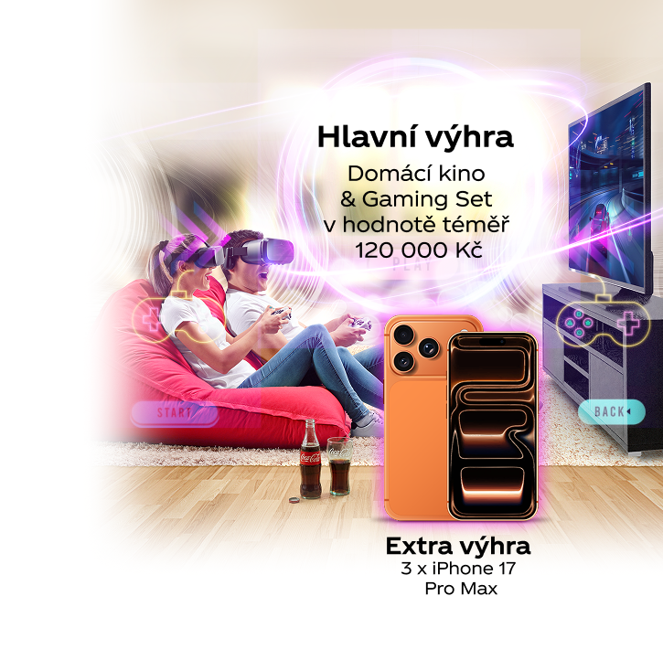 Hlavní výhra: Domácí kino a Gaming Set v hodnotě téměř 120 000 Kč. Extra výhra: 3× iPhone 17 Pro Max.
