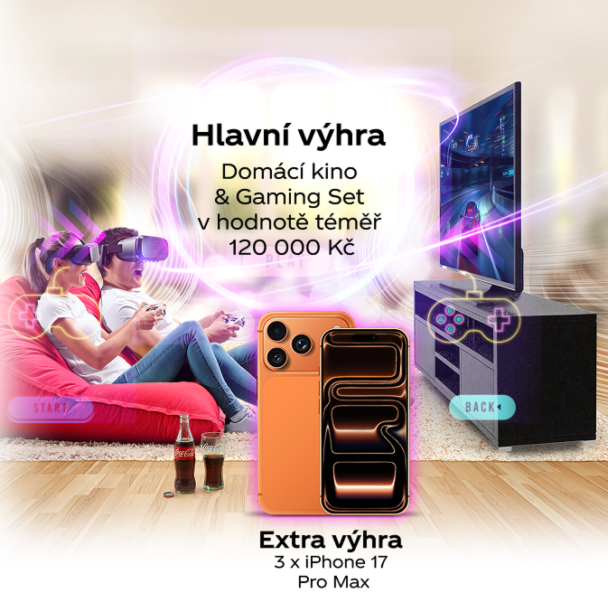 Hlavní výhra: Domácí kino a Gaming Set v hodnotě téměř 120 000 Kč. Extra výhra: 3× iPhone 17 Pro Max.
